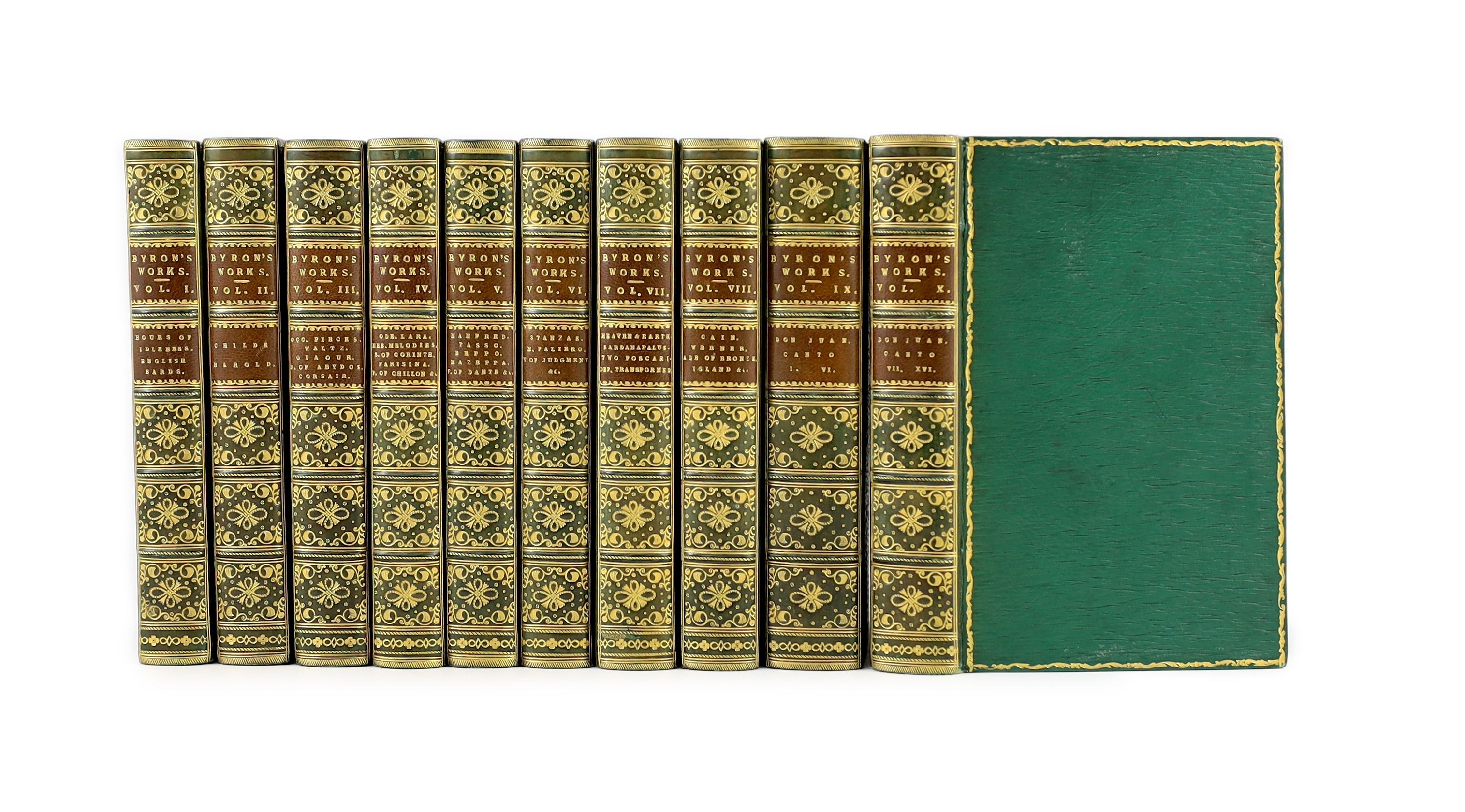 Byron, George Gordon Noel, Lord - The Poetical Works, 10 vols, 8vo, green grained morocco gilt by Riviere, with engraved frontises and additional pictorial title pages, John Murray, London, 1854